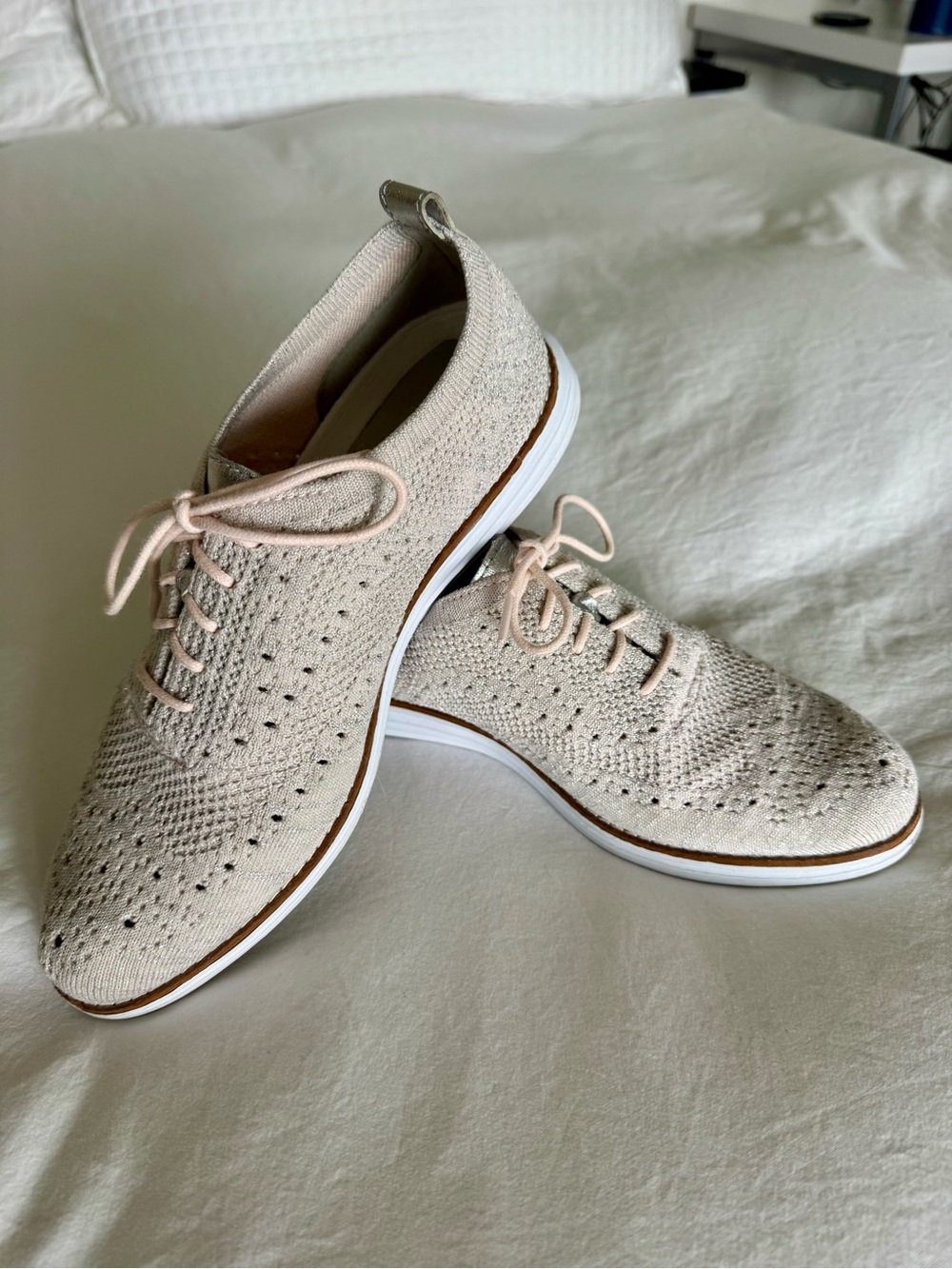 Knit Lace-Up Casual Sneakers in Light Beige